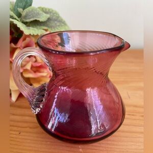 Pilgrim Art Glass Cranberry Ribbed Pitcher / Creamer With Crystal Handle